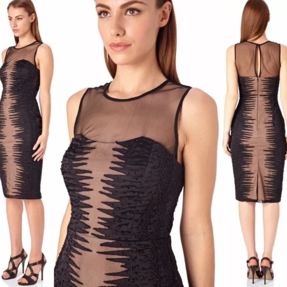 FRENCH CONNECTION Black Beaded Mesh Embroidered Cocktail Prom Formal Dress